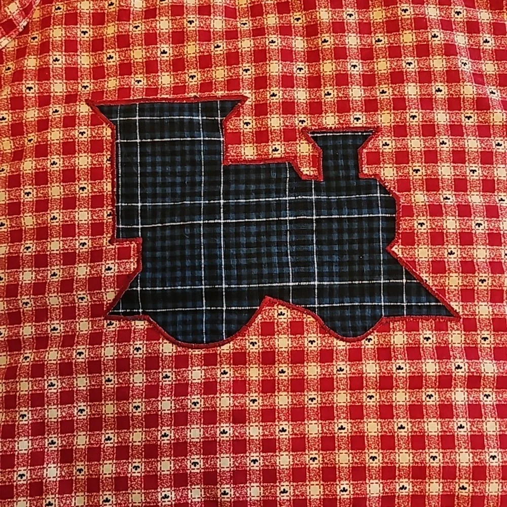 Hand Crafted upcycled bids 2pc-Set double-sided train plaid quilted embroidered